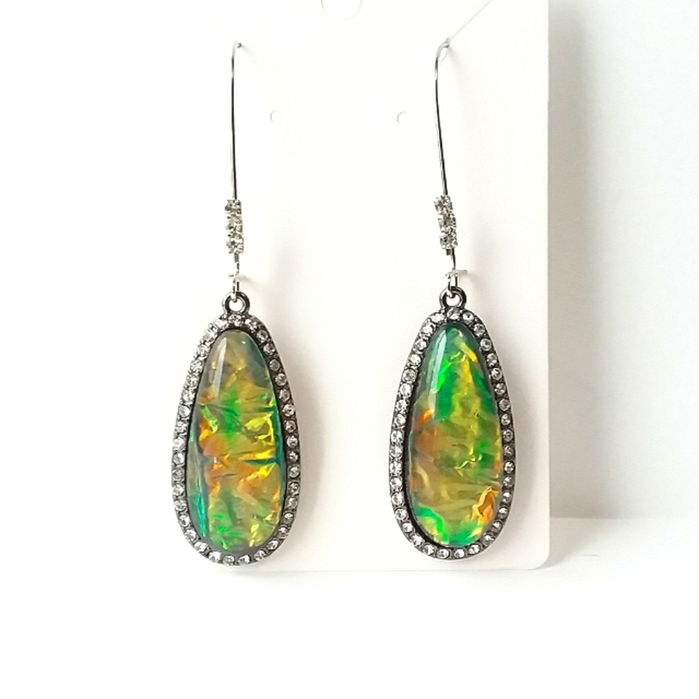 Green gold holographic oval rhinestone color shift earrings